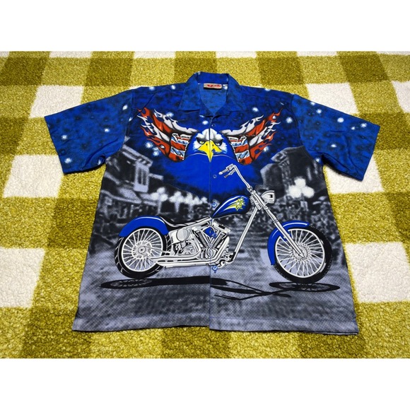 Malibu Dreams Other - Malibu Dreams Mens Blue Eagle Motorcycle Graphic Button Up Shirt Biker XL